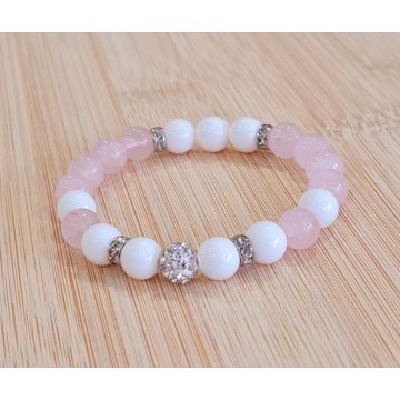   Rózsakvarc és Gyöngyház ásvány karkötő csillogó strasszal