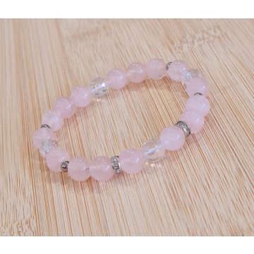   Rózsakvarc és Angyal Aurakvarc ásvány karkötő csillogó strasszgyűrűvel